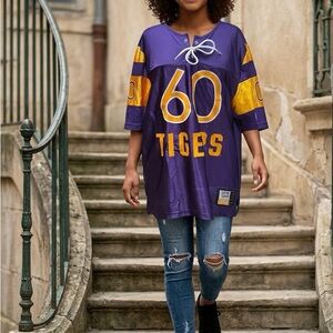 Victoria's Secret PINK LSU Tigers oversized purple football jersey.